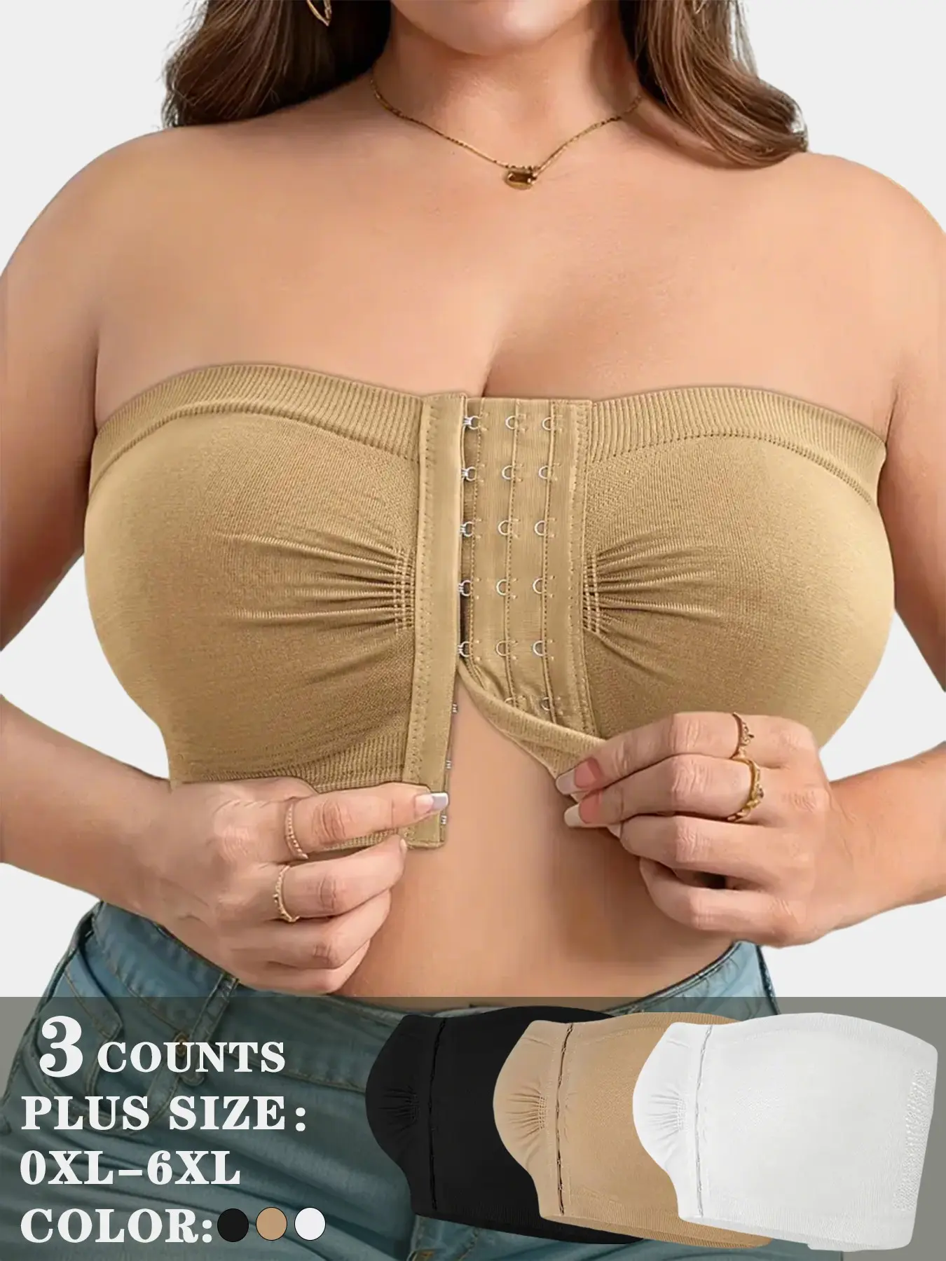 3PCS Front Buckle Strapless Bra Underwear for Plus Size | Seamless Anti-Gravity Elegant Chic Style Push Up Bandeau | Invisible Under Any Outfit Support