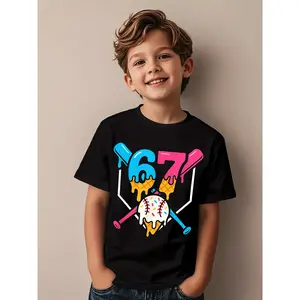 Boys' 67 Gen Alpha Slang Baseball Ice Cream Drip T-Shirt - 67 Number 67 Lettering & Crossed Bats/Melting Ice Cream Graphic, Pure Regular Fit Short Sleeve Tee for Youth, Toddler to Teen Boys, Casual & Party Wear (White/Blue/Pink)