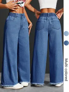 Women's High Waist Jeans, Elastic Waist Design, Pockets with Buttons, Casual Fashion, Fuzzy Hem, Comfortable Pants for All Seasons