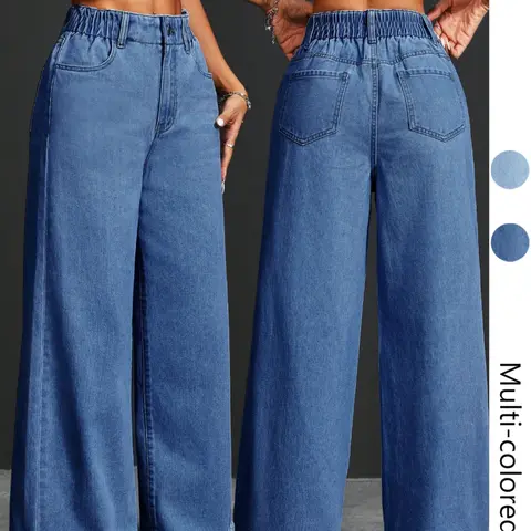 Women's Denim Jeans, Baggy High Waist Loose-Fit, Button Fly, Pocket Design, Frayed Hem, Frayed Edge Design, Casual All-Season Wear, Perfect for Daily Use