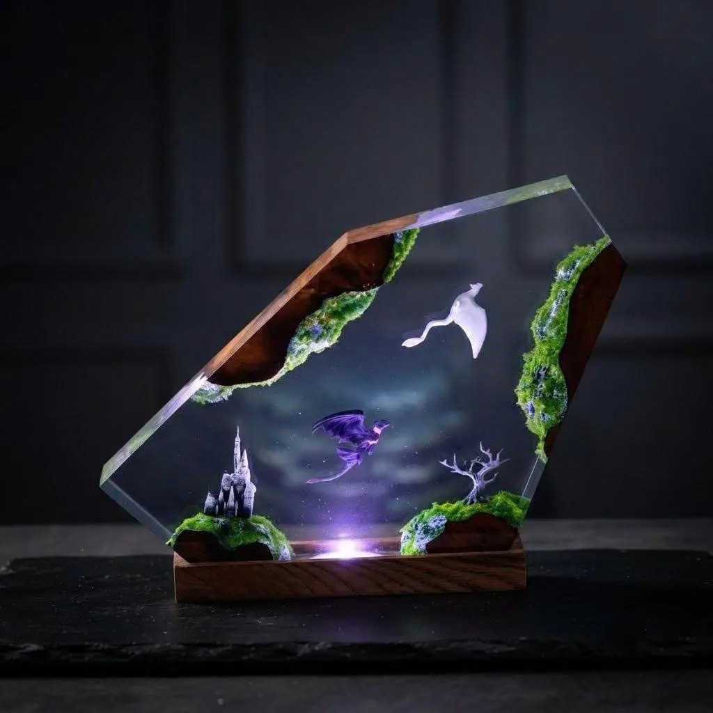 Handmade Crystal Epoxy Resin Fantasy Night Light, Magical Castle and Flying Dragons Diorama LED Lamp with Wood Base, Unique Desk Decor and Collectible Art Piece for Mythical Creature and Movie Fans