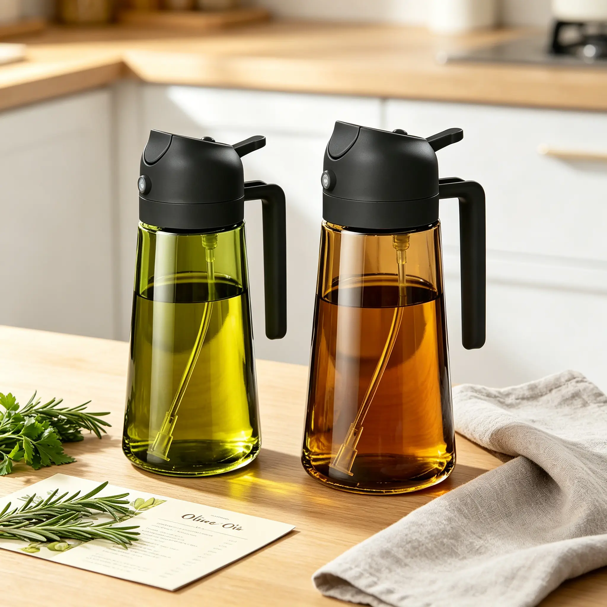 2-Count Food-Grade 2-in-1 Light-Blocking Dark Green Glass Oil Sprayer Dispenser, 16oz/470ml Kitchen Utensil for Air Fryer, BBQ