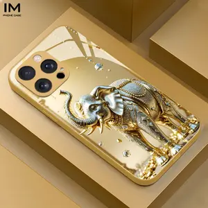 Elegant Gold Elephant Design iPhone Case, Metal Painted Tempered Glass Cover, Compatible with iPhone 17/16/15/14/13/12/11/XS/XR/x-Pro Max
