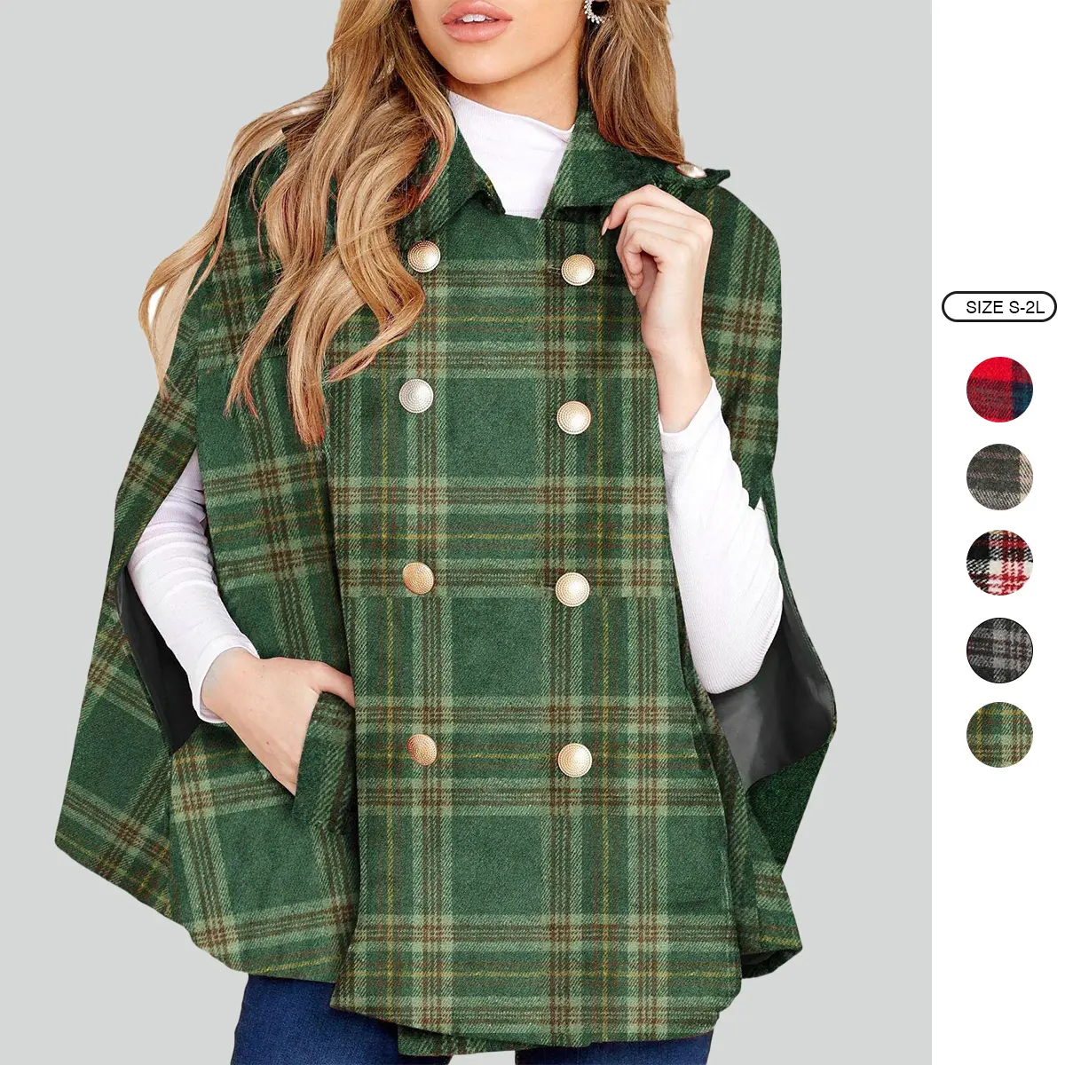 Imily Bela Womens Plaid Jacket Double Breasted Winter Cape Coats Turn Down Poncho with Pockets