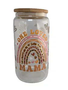 Gift Ideas for Mom One Love Mama Boho Rainbows Cups With Bamboo Lids And Straws, 16 oz Glass Water Bottle Drinkware Stylish Tumblers