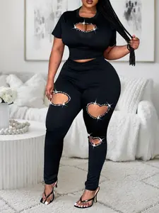Lw Home Plus Size Women's Rhinestone Heart Cutout Set, Stretchy Slim Fit, Perfect for Home Wear, Summer, Outfit