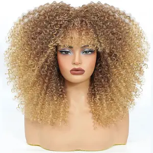 18 Inch Ombre Blonde Curly Wigs for Black Women Black Afro Bomb Curly Wig with Bangs Synthetic Fiber Glueless Long Kinky Curly Hair