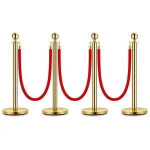 【GARVEE】4 PCs Gold Stanchion Posts with 5ft Red Velvet Ropes, Stainless Steel Retractable Barrier Set for Crowd Control at Events, Parties, Theaters, Museums - Includes 4 Posts & 3 Ropes