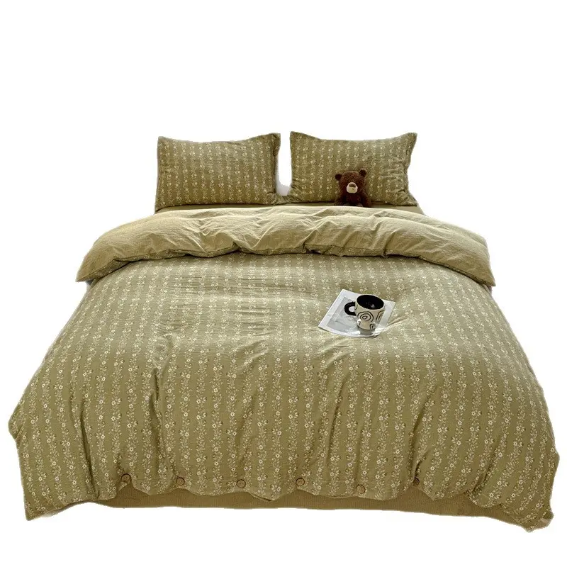 Class A 4-Piece 100% Cotton Double-Layer Gauze Bedding Set - Vintage Button Look Duvet Cover, Cotton-Linen Feel Washed Fabric, Hypoallergenic Soft Blanket, All-Season Bedding for Students
