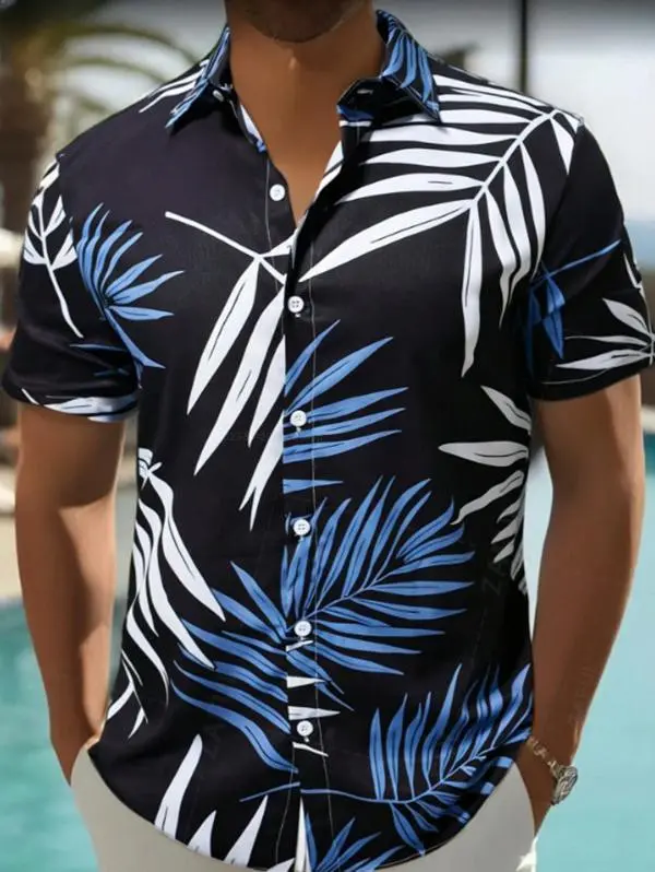 Z ZAFUL SPORTS Men's Chic Casual Ethnic Paisley & Leaves Print Hawaiian Shirt, Short Sleeve Button-Up Polyester Fabric for Summer Vacation, Button Details Men's Casual Shirts, Tops, Menswear, 1 X Shirt
