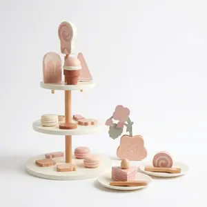 Pastel Wooden Tea Set for Kids – 3-Tier Afternoon Tea Toy | Montessori Pretend Play Food, Ages 3+ | Birthday Gift for Girls