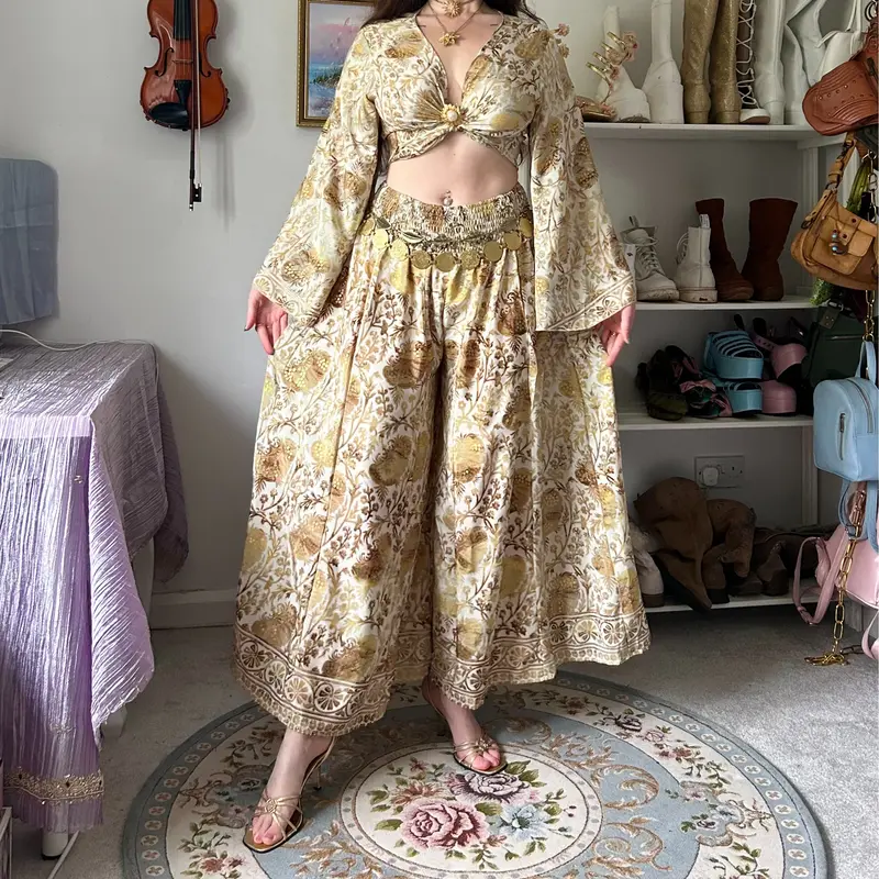 Women's Retro 2-Piece Trouser Set - Adjustable Wrap Crop Top with Bell Sleeves, Wide Leg Palazzo Trousers, Chic Bohemian Flowy Summer Outfit