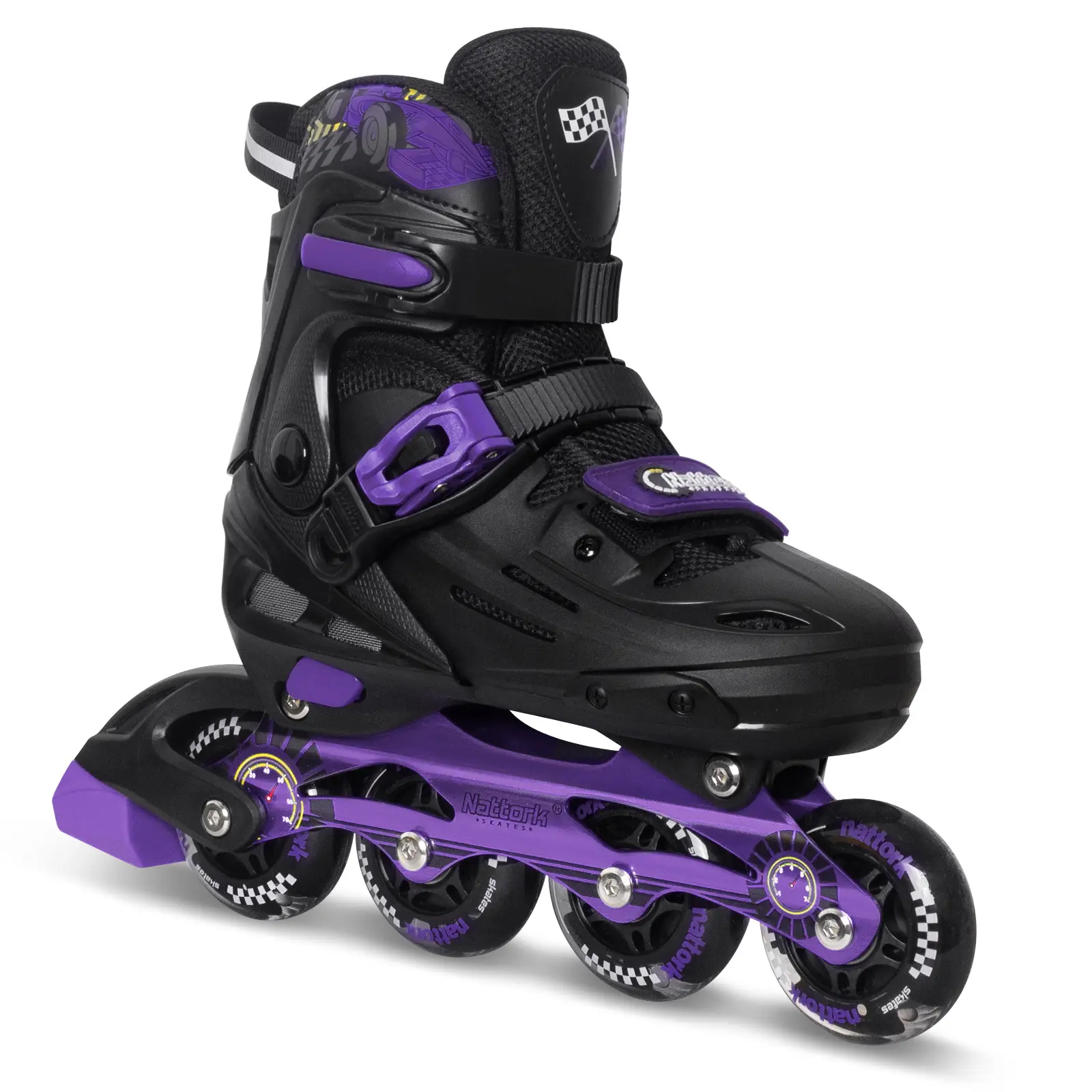 Nattork Blade Racers Adjustable Inline Skates - Purple, 1-Button Fit, ABEC-7 Bearings, PU Wheels, with Flash Lights, One-Button Fit