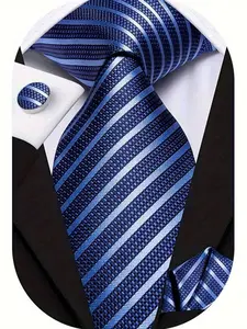 Classic Blue Men's Polyester Tie Set, Stylish Tie Design, Hand-Tied Necktie with Pocket, Square Buttonholes, Business Party Gift, Best Choice