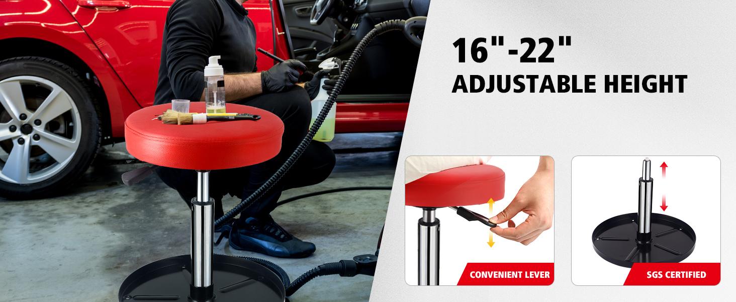 PowerSmart 360° Rolling Mechanic Stool with Tool Tray, Adjustable 15-20 Inches, 300 lbs Capacity, Comfortable & Durable for Garage/Shop Use(PS1101)