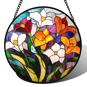 Retro Yellow White Wildflowers Stained Glass Suncatcher Window Hanging for Door Garden Home Decor, Floral Birthday Gift