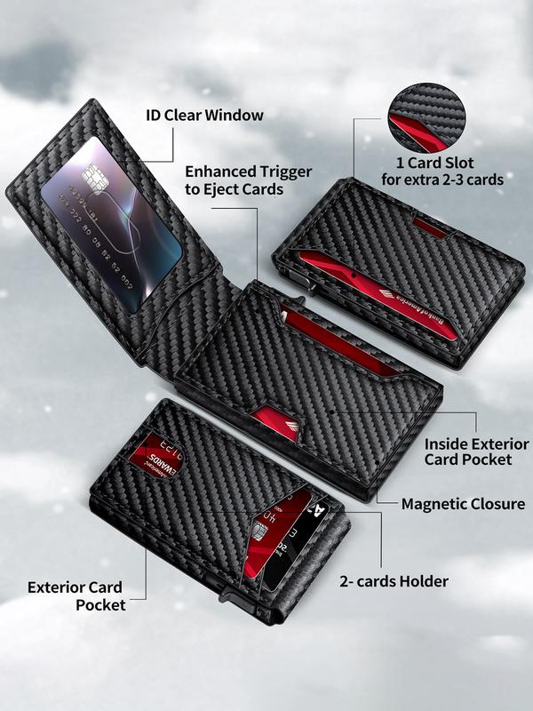 Stylish Black RFID Popup Card Wallet for Men - Slim Design, Secure Storage & Effortless One-Touch Eject（Does not support storing cash）