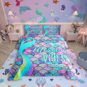 Mermaid Comforter Set,Fish Scales Duvet Sets,Rainbow Bedding Set,Women Bedroom Ocean Life Sea Animal Bedding Comforter