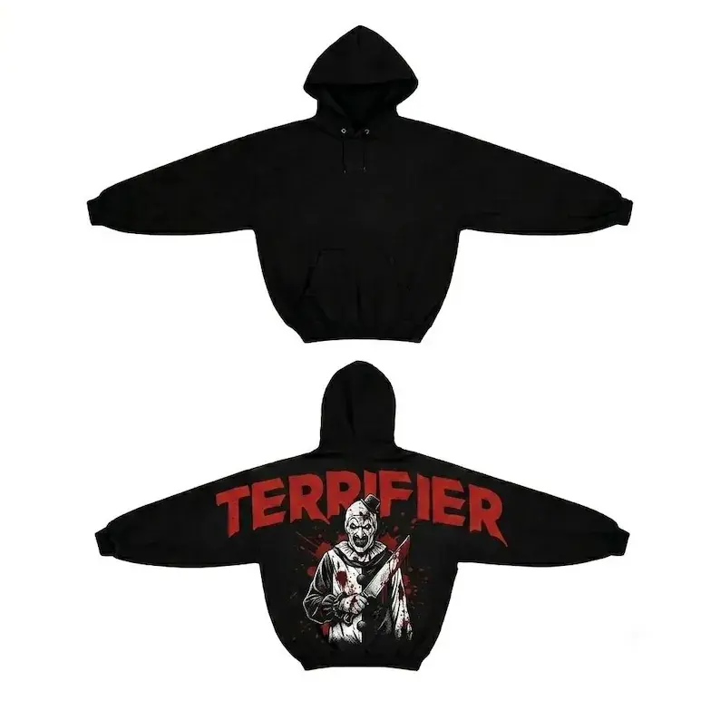 Shoulder-to-Shoulder Print On The Back Halloween Hoodie, Terrifier Art The Clown Hoodie, Horror Movie Halloween Hoodie, Sweatshirt