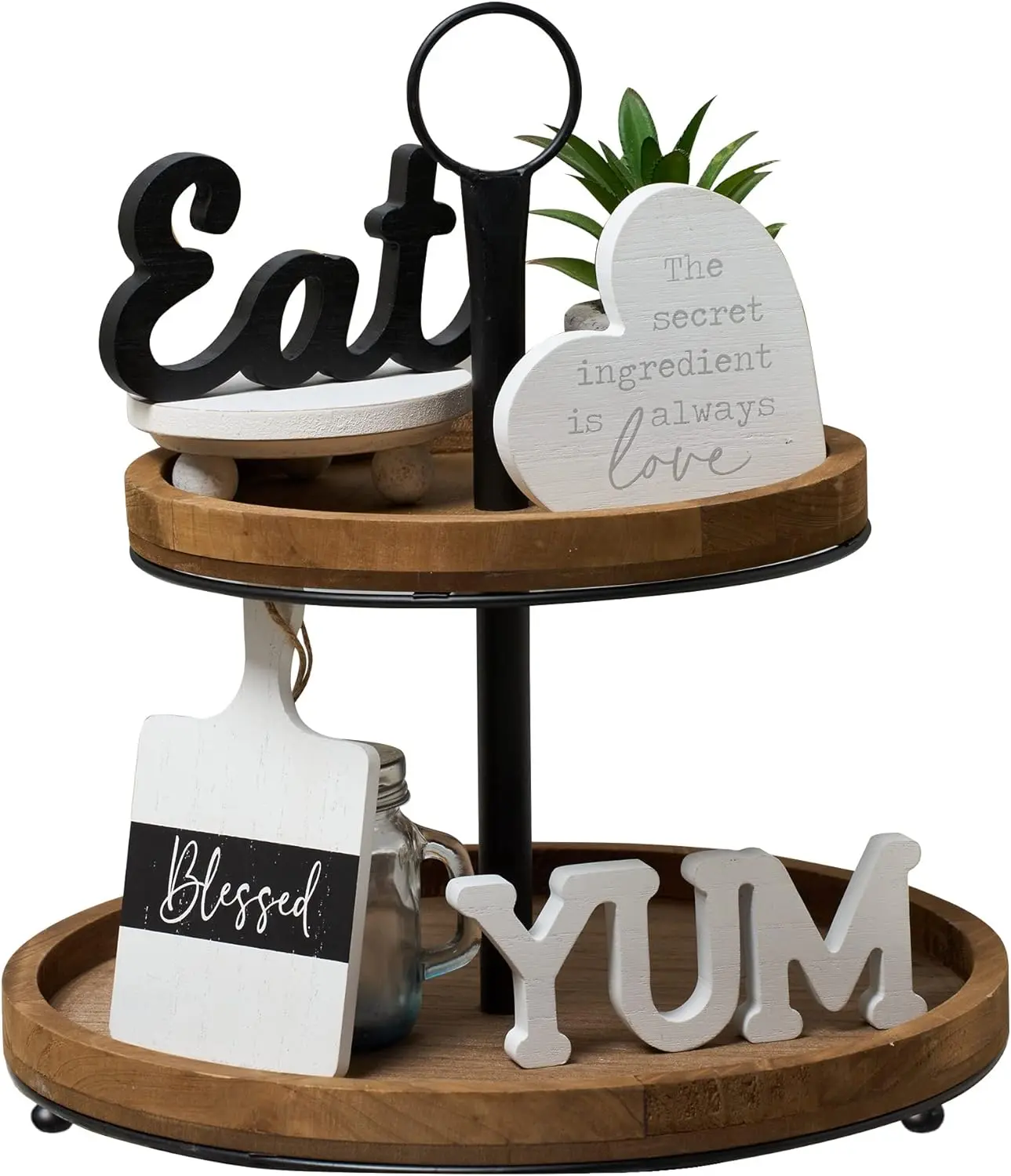 Farmhouse Kitchen Tiered Tray Decor Items Mini Set, Rustic Black and White Kitchen Counter Decor, Two Tiered Tray Kitchen Decor Set for Home Kitchen Dining Room Table Decoration
