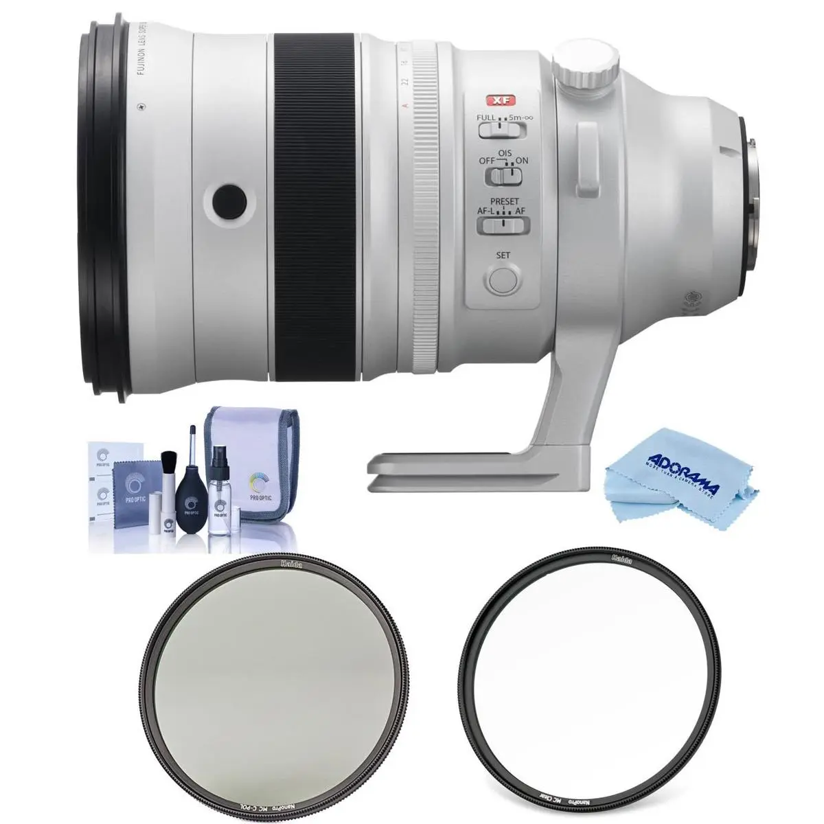 Fujifilm XF 200mm f/2 R LM OIS WR Lens w/Teleconverter Kit, Bundle with Haida 105mm NanoPro MC CPL Filter, 105mm NanoPro MC Clear Filter, Cleaning Kit, Microfiber Cloth