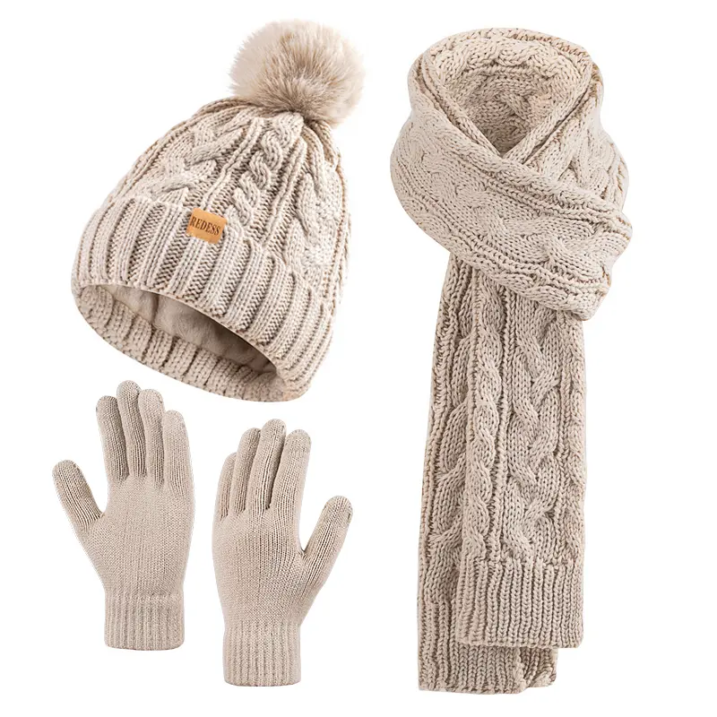 Fleece Lined Beanie Scarf Gloves Set Winter Warm Unisex Touchscreen Ready 3 PCS Winter Hat Scarf Gloves Set, Soft Warm Knit Beanie Hat  main image 4