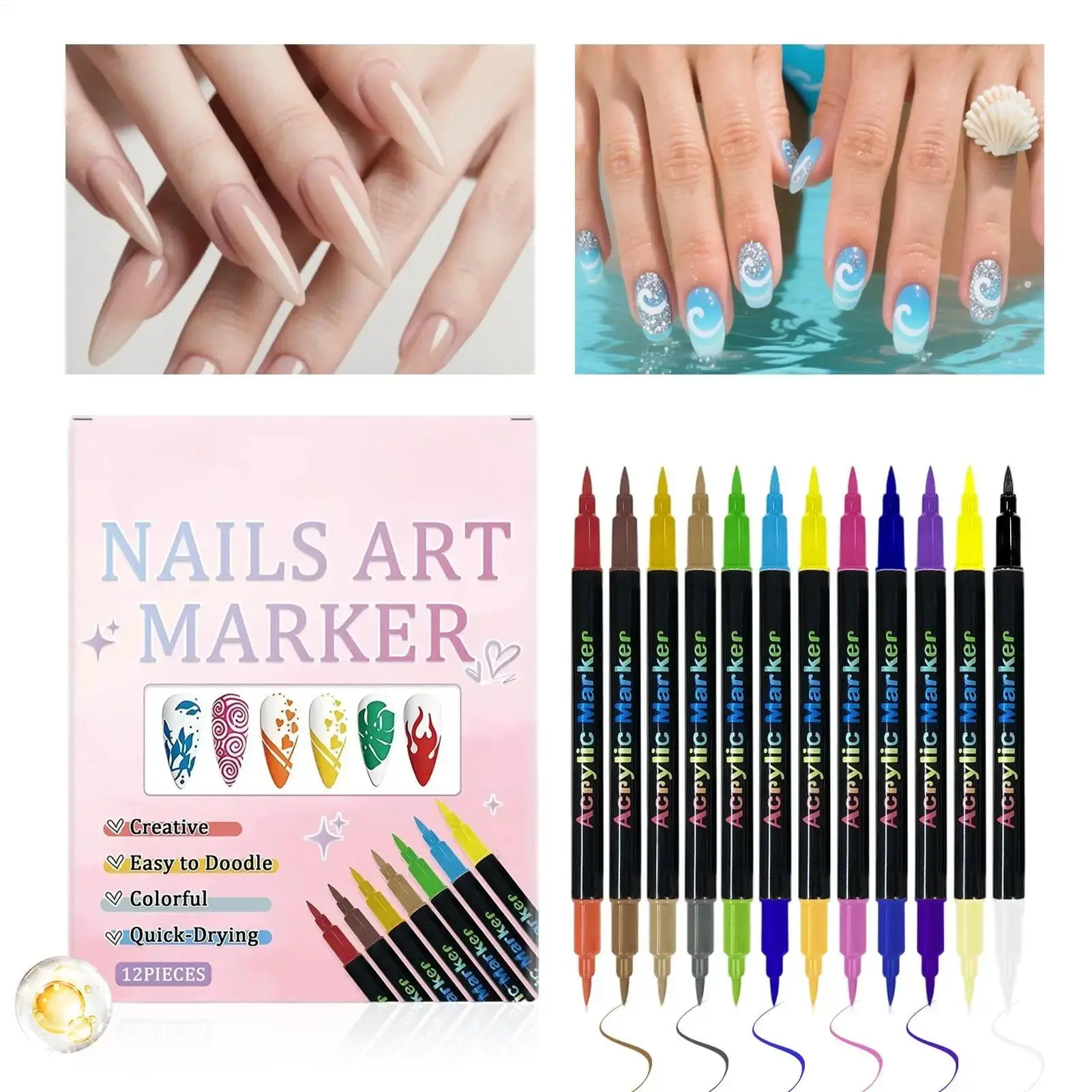 12 Colors Nail Polish Pens — Dual-Ended Quick Dry Nail Art Markers, Nail Care, Gift