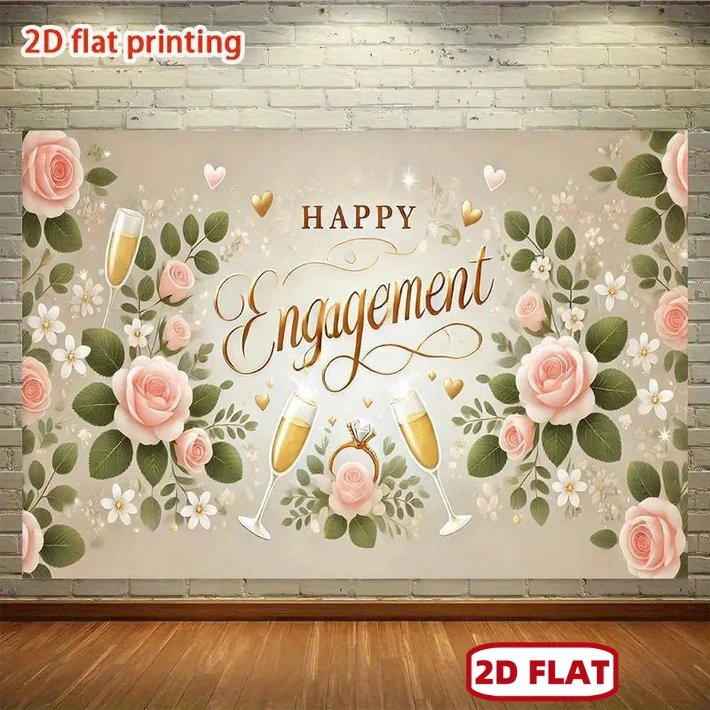 244cm x 183cm Soft Durable Textile 2D Happy Engagement Wedding Photo Banner with Printing, Glam Indoor-Outdoor Party Background Decoration for Family Gatherings