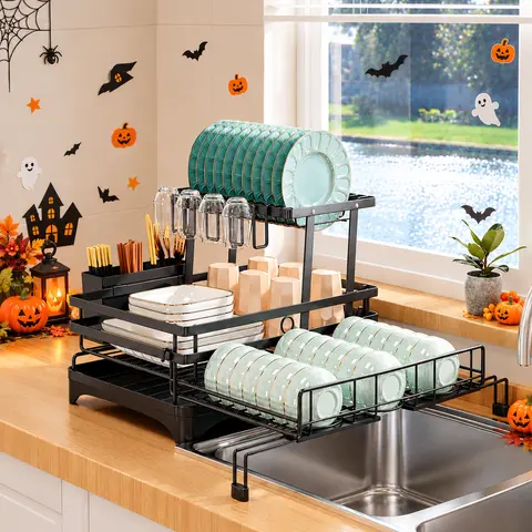 Double-Layer Expanding Metal Storage Shelf Draining Boards - Heavy-Duty Rustproof Home Supplies, Adjustable Divided Organizer with Automatic Water Drainage, Utensil & Cup Holder Tray, Fits Countertops/Sinks, Ideal for Small Apartments