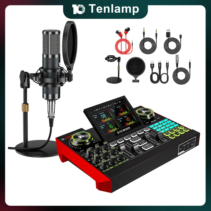 Tenlamp G10-Series Audio Mixer, Live Sound Card with XLR Microphone Connector, Professional Chipset, 48V Phantom Power Supply, One Touch Noise Reduction, One Touch Voice Change for Podcast,Recording,Vocal,Game Voice#TikTokShopBlackFriday