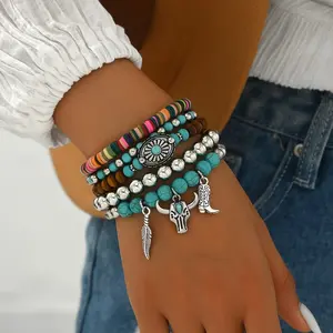 Boho-Chic 5pcs Bracelet Set With Turquoise, Wooden Beads & Cow Head Charms - Vintage Style Women'S Fashion Accessory For Casual Attire, Jewelry
