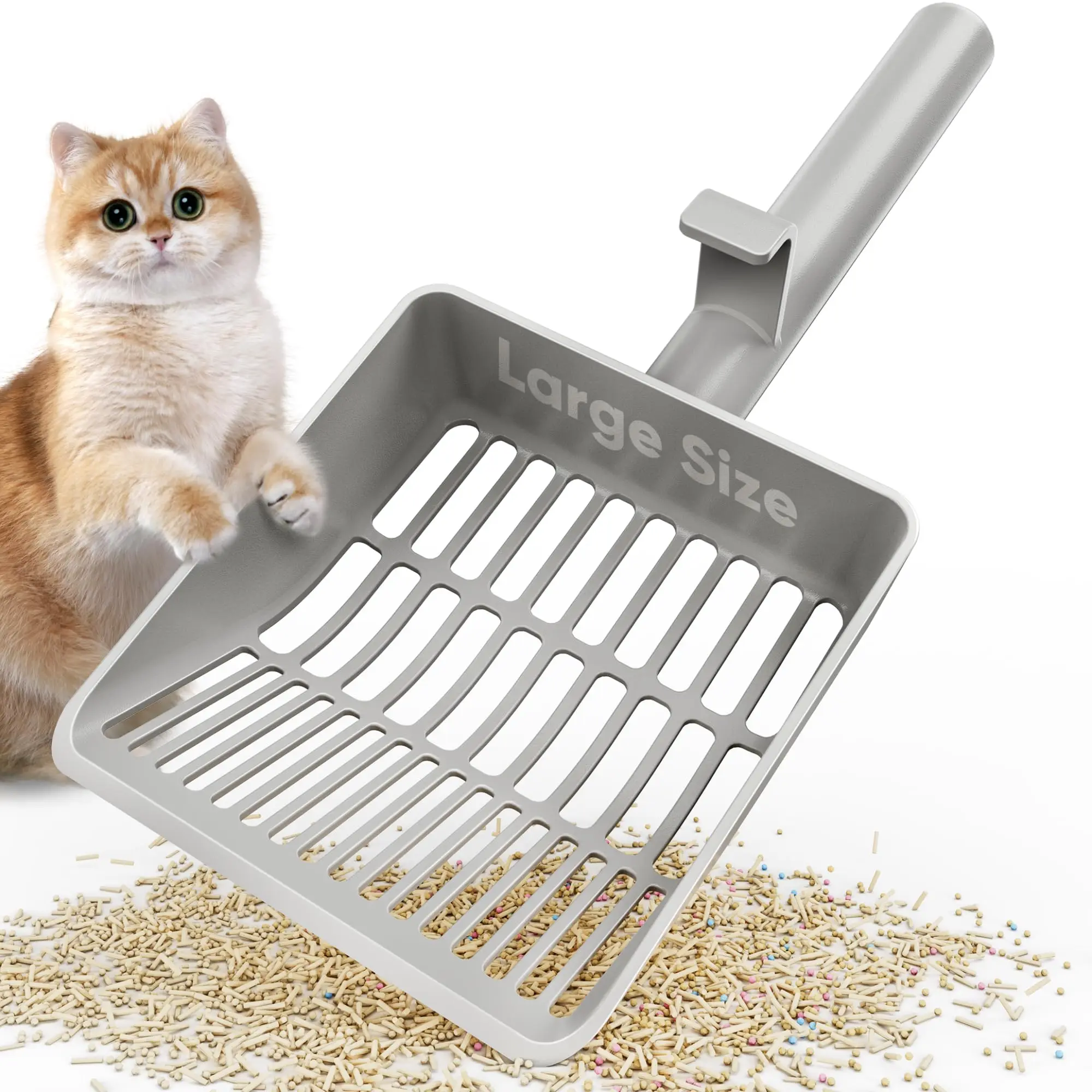 Large Cat Litter Scoop, Heavy-Duty Litter Scoop with Dual Sifting Holes for Fast & Fine Clumping, Kitty Litter Scooper with Long Handle & Easy-to-Hang Hook for Litter Box entry top cleaner corner shovel