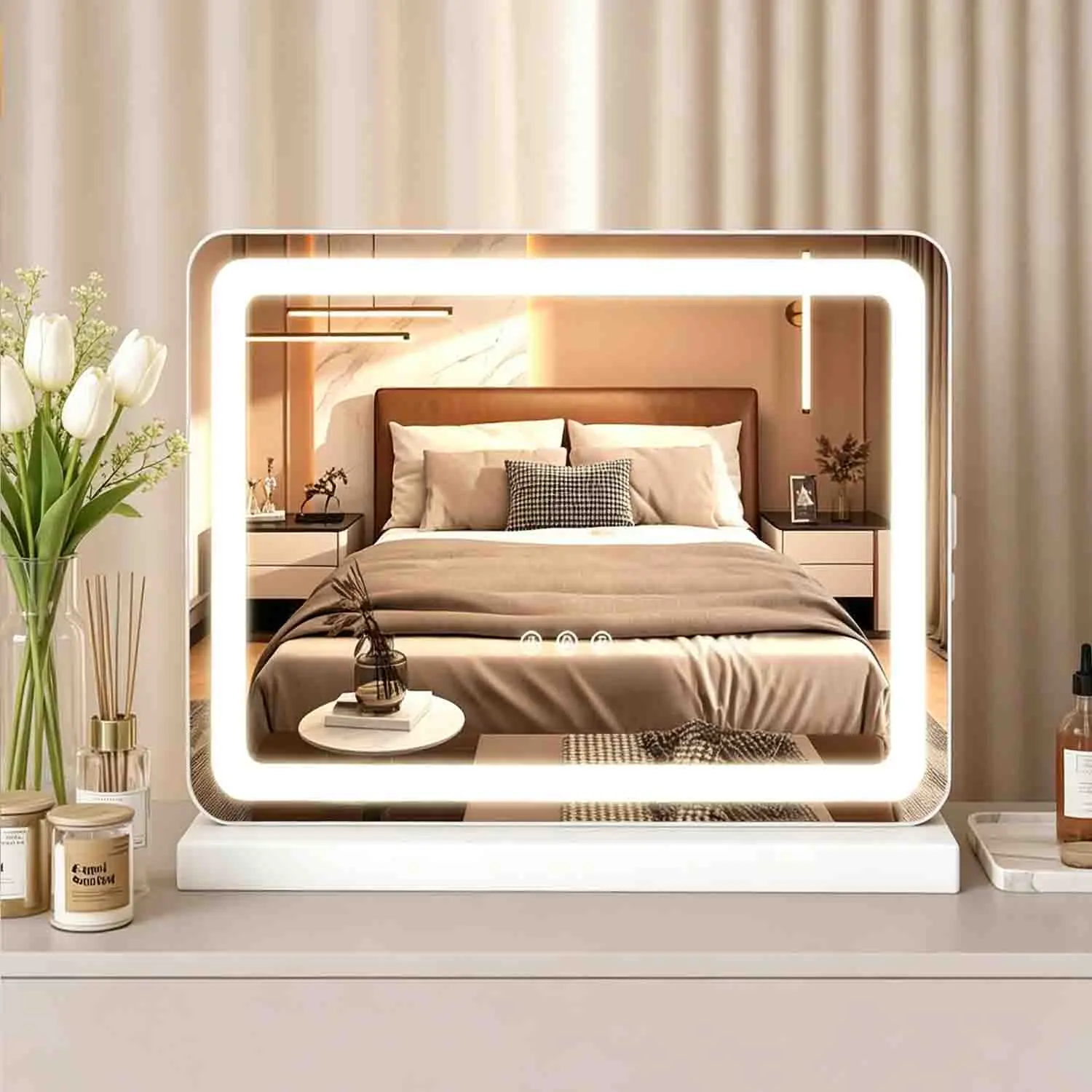 Square LED Lighted Vanity Mirror with USB Charging Port - 3 Dimmable Color Modes, Smart Touch Screen Makeup Mirror for Aesthetic Room, Bathroom Decor