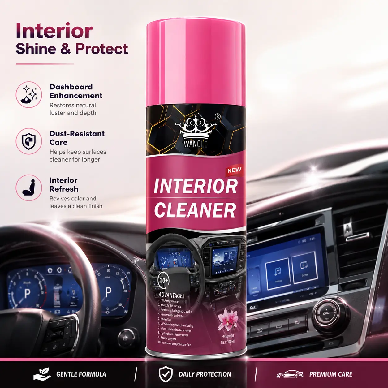 Car Dashboard & Interior Cleaner Protectant, Auto Detailing Supplies - UV Resistant, Anti-Dust, Fresh Scent Agent for Interior Surfaces that Cleans, Restores & Protects