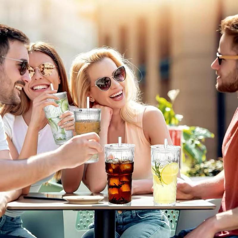 Set of 2 Glass Tumblers with Lids & Straws, Premium Thick Glass Cups, Reusable Glass Cups for Iced Coffee, Smoothies, Juice & Cocktails