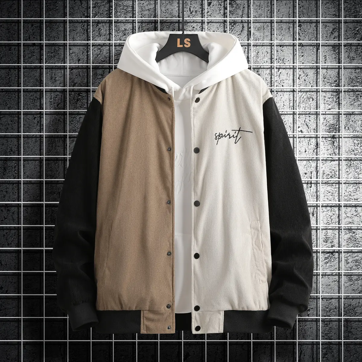 Men's color-block varsity jacket, button-up baseball coat with letter embroidery and patchwork design, casual streetwear outerwear