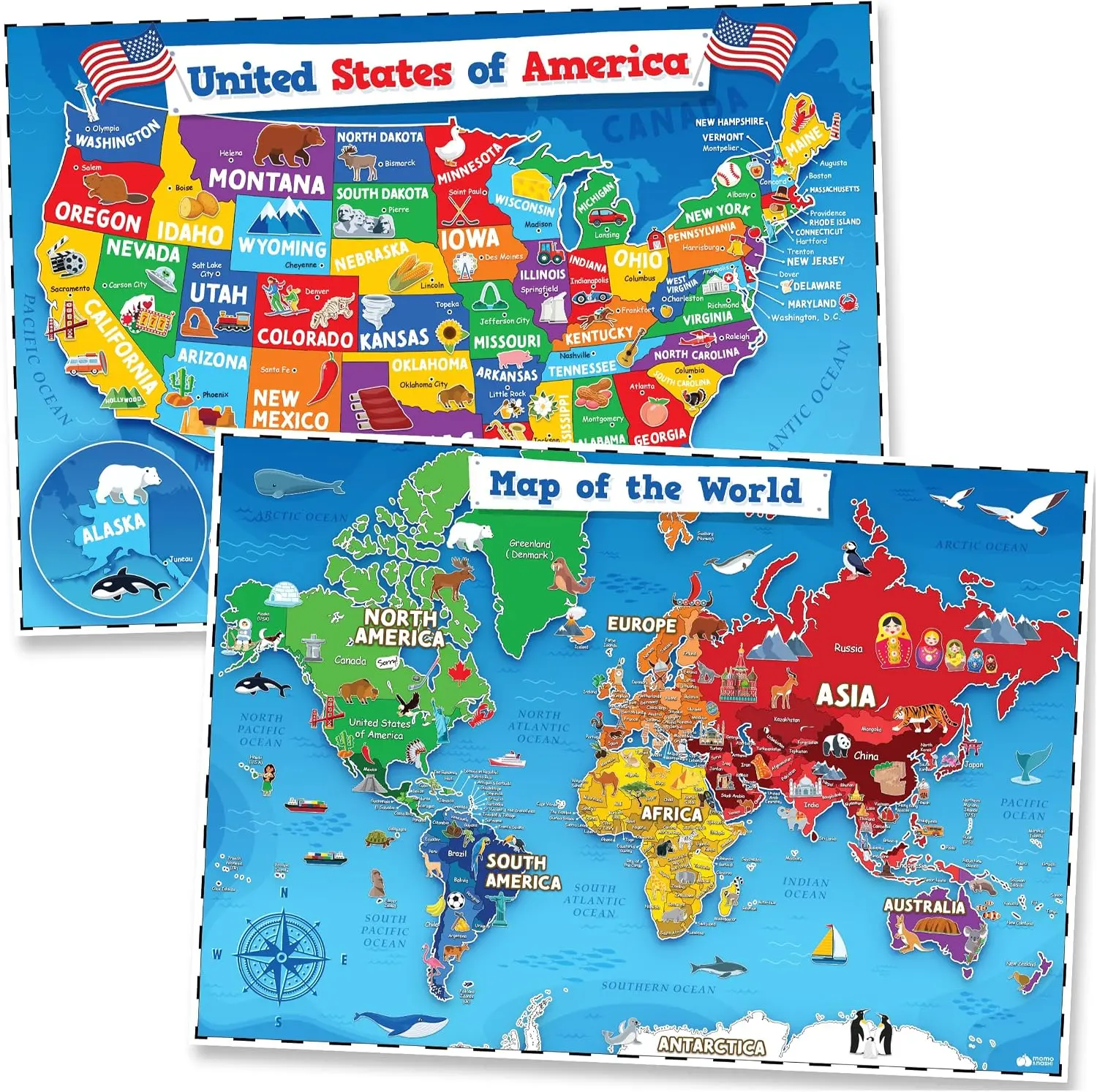 USA Map and World Map Poster Set for Kids – Colorful Educational Geography Wall Chart with 50 States, Countries, Continents & Oceans, Classroom Decor, Homeschool Learning Poster for Boys and Girls