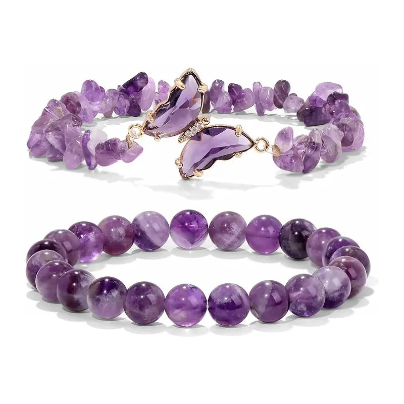 2Pcs Natural Blue Agate & Amethyst Butterfly Bracelet Set - 2Pcs Healing Crystal Stackable Beaded Bracelets for Women, Boho Gemstone Jewelry Gift for Her | Spring 2026 Trend