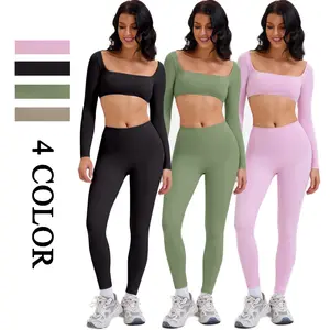 Long Sleeve High Waisted Leggings for Women Tummy Control Yoga Suits for Workout Running Athletic Women's Leggings Casual Bodycon Scoop Neck Sexy Classic Beauty Breathable Outdoor Outfit Seamless Pants Textured Sweatsuit Tight Sports fall sets