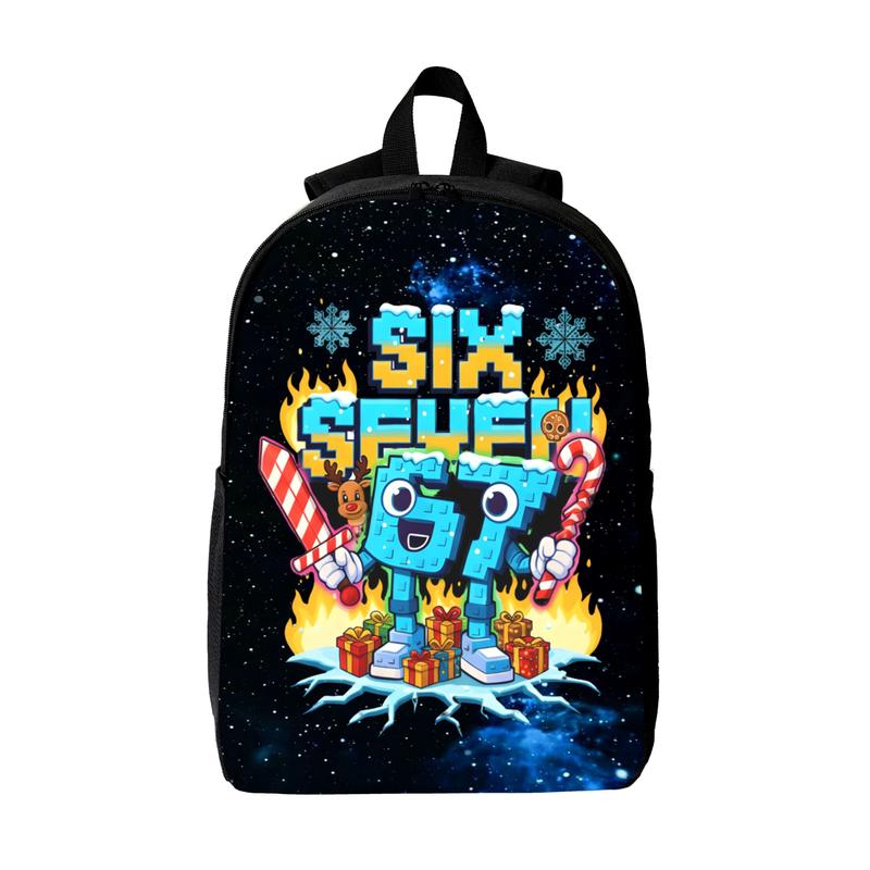 Festive "Six Seven" 67 Cartoon Christmas Backpack with Snowflake & Candy Cane Print for Kids & Teens Casual School Travel Bag