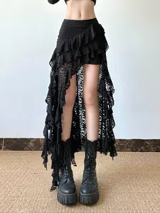 Women's Punk Style Irregular Lace Skirt, Tight-Fit Elastic Fabric, Long Skirt for Music Festival Party, Daily Wear Fashion Essential