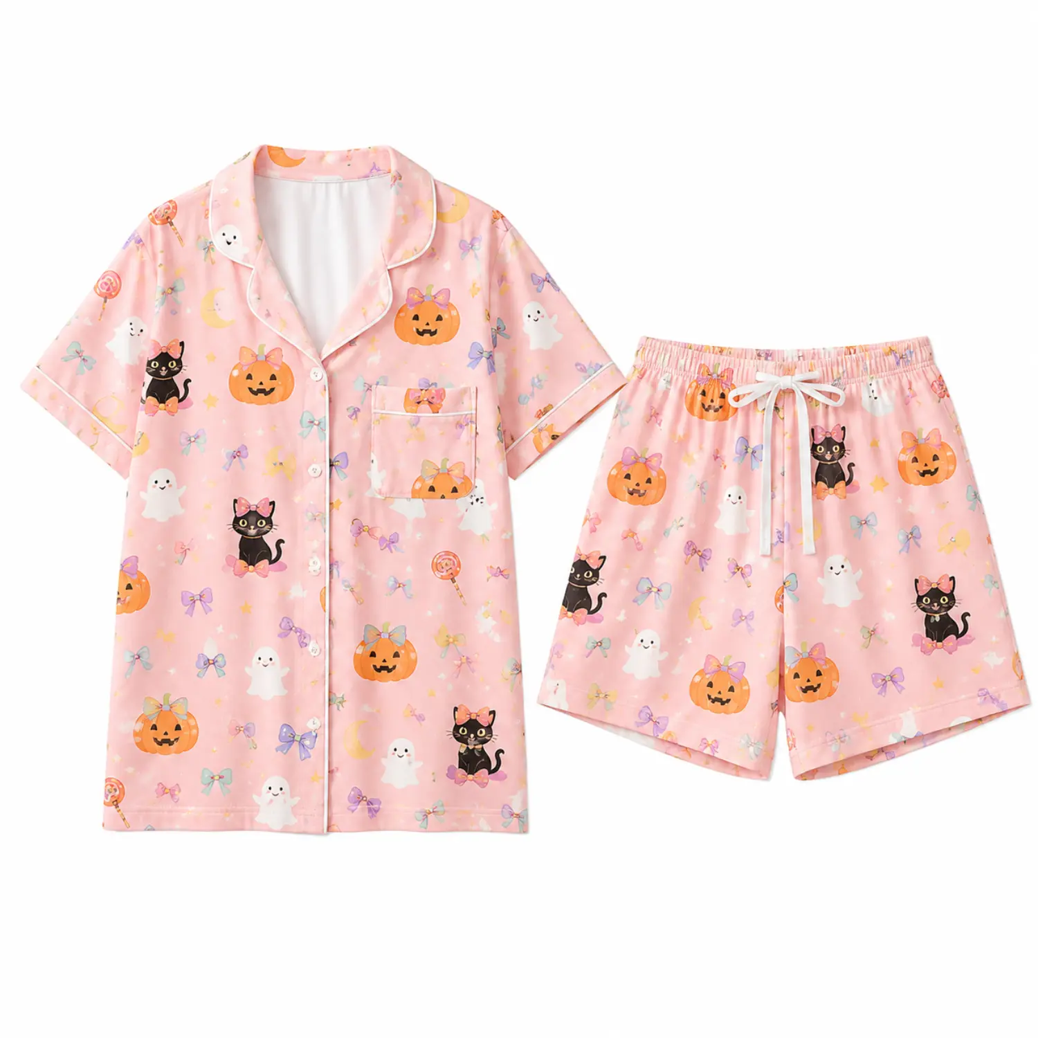 Pink Halloween Print Short Sleeve Button Pajama Set with Elastic Waist Shorts and Cute Pumpkin Cat Ghost Pattern