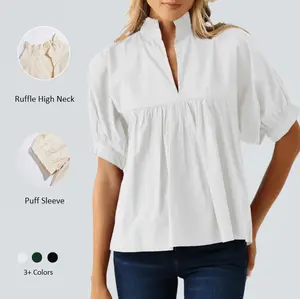 Imily Bela Womens Puff Sleeve V Neck Peplum Blouse Babydoll Pleated Loose Fit Dressy Casual Top