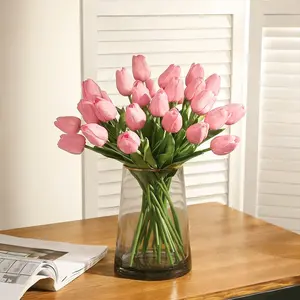 20pcs Realistic Tulips, Flowers, Stems & Leaves, Decorative Flowers, Home Decor, Wedding, Party, Living Room, Tabletop, Kitchen Decoration