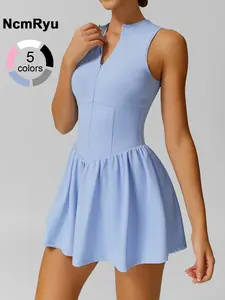 Women's sports one-piece skirt solid color waist sleeveless dress anti-exposure bottoming built-in pocket front zipper design yoga clothes tennis skirt gym sports training four seasons outdoor one-piece skirt