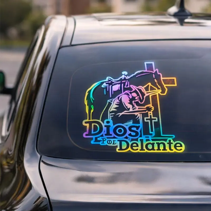 SUV Truck Rear Window Vinyl Decal - 2pcs Set, 8x8 in Decorative Weather Resistant Long Wearing Cross Graphic Car Stickers, Dios Por Delante Praying Cowboy Horse Design Automotive Exterior Accessory