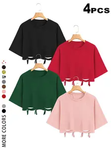 2026 Summer 4 Pack/1 Pack Women's Crop Tops, Distressed Cutout Short Sleeve Crew Neck T-Shirts,High Waist Matching Basic Tops for Going Out, Party, Club, Daily Wear, Casual Street Style, Street Style, Crop Tops, Short Sleeve Tops, Crew Neck Tops,
