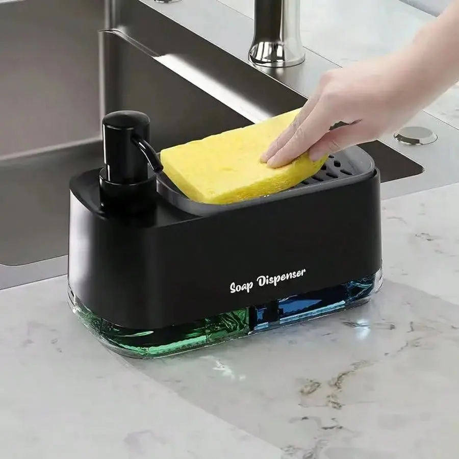 Kitchen Dish Soap Dispenser Set，Dish and Hand Soap Dispenser with Sponge Holder, 3-in-1 Countertop Sponge Dual Soap Pump Dispenser for Kitchen Sink - Black