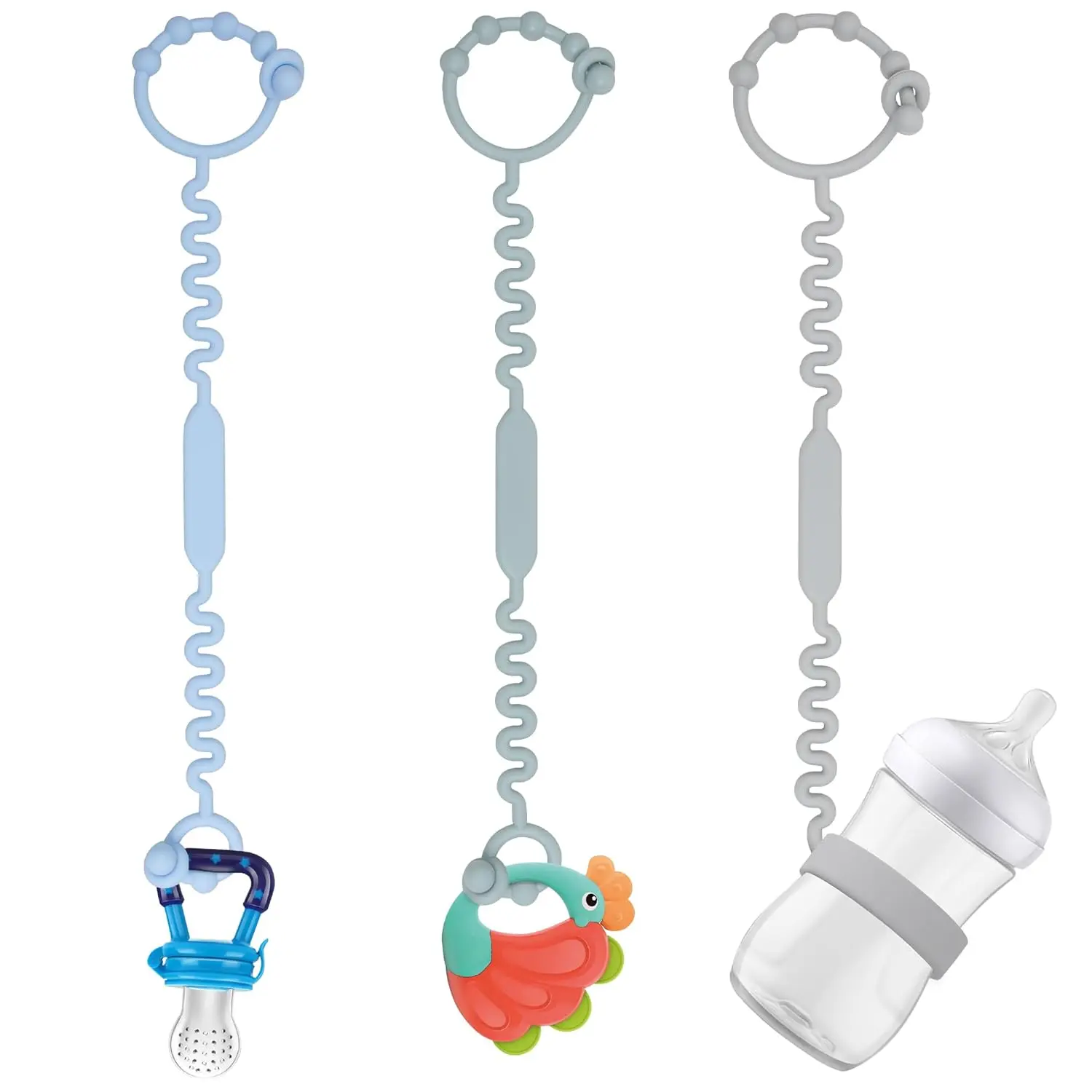 X-SRT37 Multi-Use Toy Straps, BPA-Free Pure Silicone Pacifier Holder Clips with Self-Adjusting Bayonet, Easy to Clean for Teethers, Feeding Bottles (Blue-3ps)