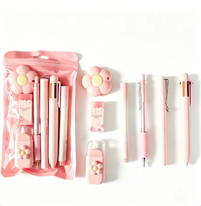 7-Piece Kawaii Pastel Flower Stationery Set, Cute Aesthetic School Supplies Kit with Multicolor Pen, Gel Pen, Correction Tape, Eraser & Pencil Sharpener, Back to School Study Essentials, Desk Accessories, Gift for Students & Teens
